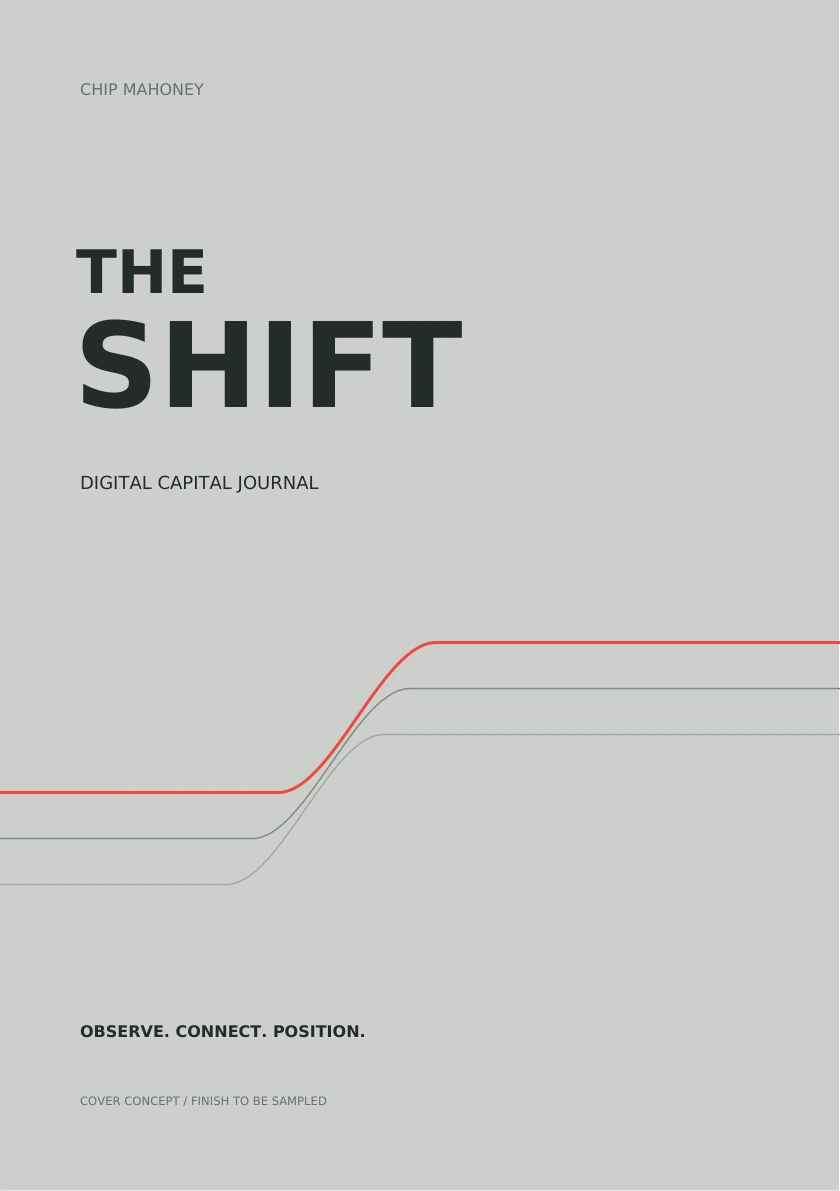 The Shift journal cover concept: silver-gray with three rising financial rails and a coral leading route