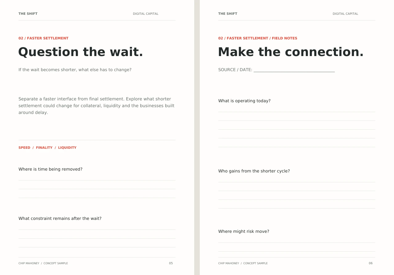 Sample journal spread about faster settlement, with short perspective text and generous lined writing space